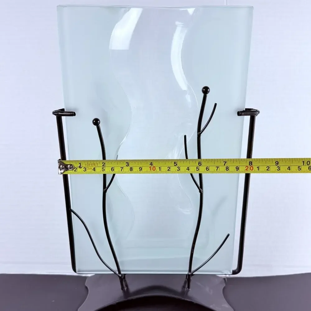 Modern Fused Art Glass Vase Frosted Wavy Clear Black Metal Stand Abstract 13.5
